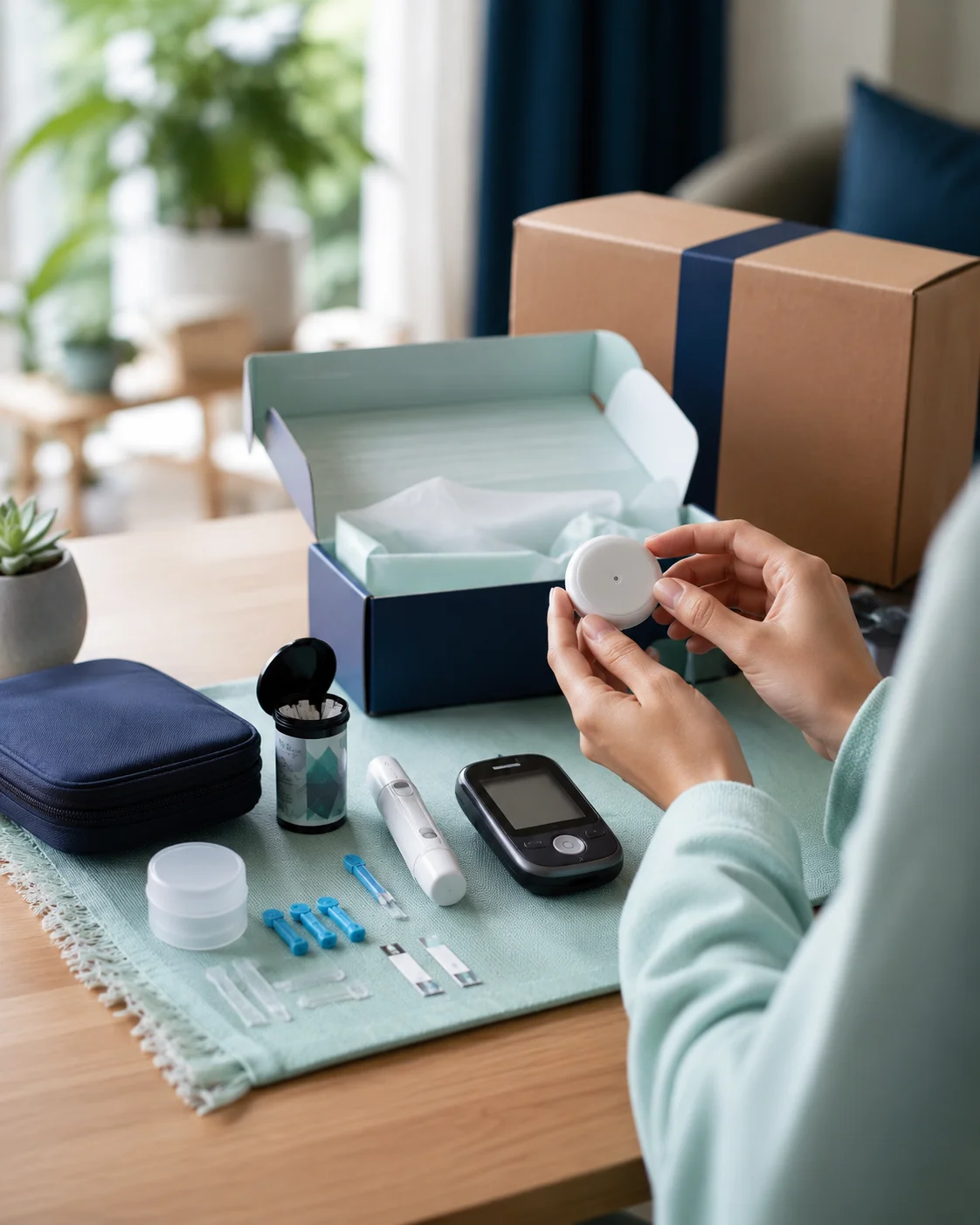 Diabetes care products including CGM sensor, glucose meter, test strips and accessories with delivery packaging