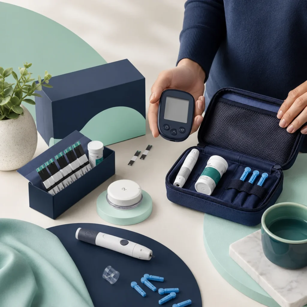 Diabetes testing supplies including glucose meter, test strips, lancet device, CGM sensor and accessories